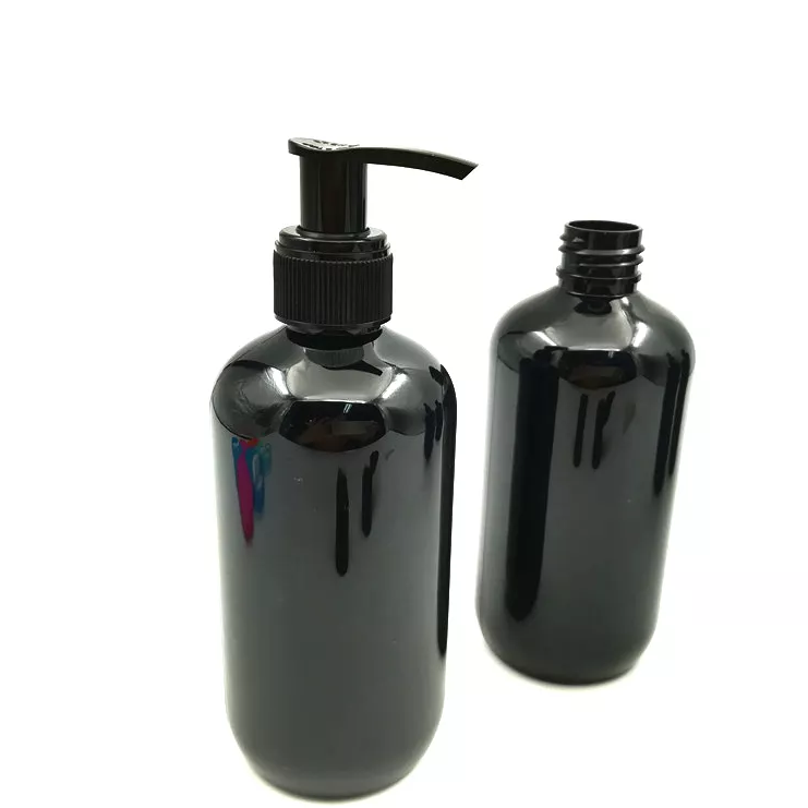 Black glossy PET plastic lotion bottle with dispenser pump (250 ml)